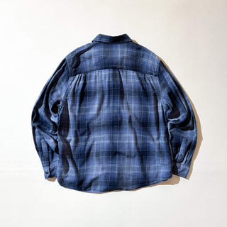 00's George コットン×レーヨン オンブレタイプ チェック 比翼ボタンダウン L/Sネルシャツ(ブルー)