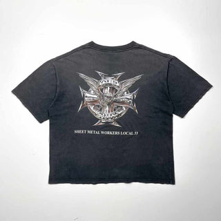 80's "made in USA" SHEET METAL WORKERS' フェードブラック 両面プリント Tシャツ