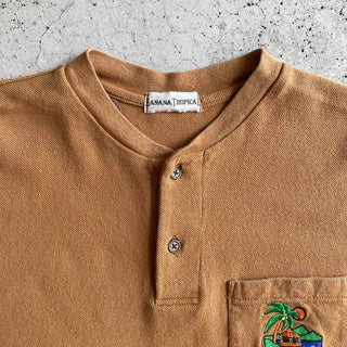 80's〜 BANANA TROPICAL 鹿の子 ヘンリーネック ワンポイント Tシャツ