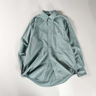 90's "made in SINGAPORE" RALPH LAUREN セージグリーン コットンツイル ボタンダウン L/Sシャツ