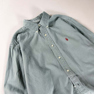90's "made in SINGAPORE" RALPH LAUREN セージグリーン コットンツイル ボタンダウン L/Sシャツ