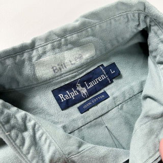 90's "made in SINGAPORE" RALPH LAUREN セージグリーン コットンツイル ボタンダウン L/Sシャツ