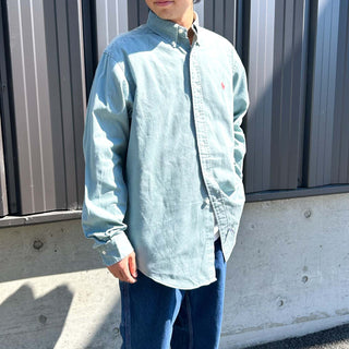 90's "made in SINGAPORE" RALPH LAUREN セージグリーン コットンツイル ボタンダウン L/Sシャツ
