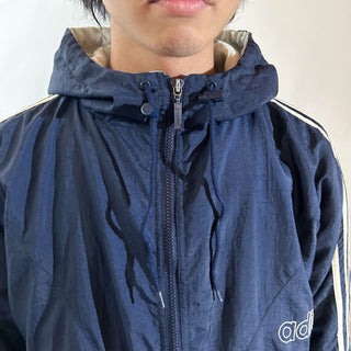 90's adidas 裏キルティング フーデッド ナイロン シェル ジャケット(ネイビー)