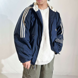 90's adidas 裏キルティング フーデッド ナイロン シェル ジャケット(ネイビー)