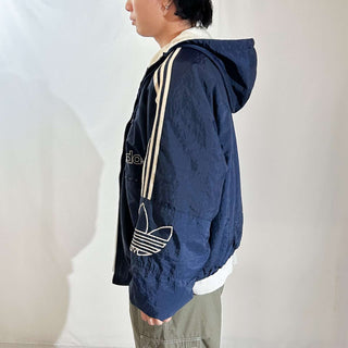 90's adidas 裏キルティング フーデッド ナイロン シェル ジャケット(ネイビー)