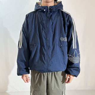 90's adidas 裏キルティング フーデッド ナイロン シェル ジャケット(ネイビー)