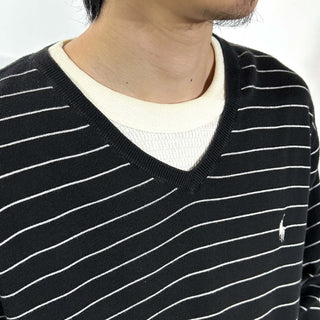 90's～ OLD Ralph Lauren "EXCLUSIVE OF DECORATION" "Pima Cotton Italy yarn" ボーダー Vネック ニット セーター