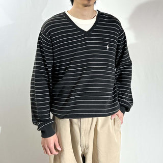 90's～ OLD Ralph Lauren "EXCLUSIVE OF DECORATION" "Pima Cotton Italy yarn" ボーダー Vネック ニット セーター