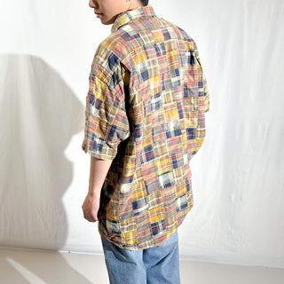 00's ORVIS インドマドラス チェック パッチワーク 猫目ボタン ボタンダウン S/Sシャツ