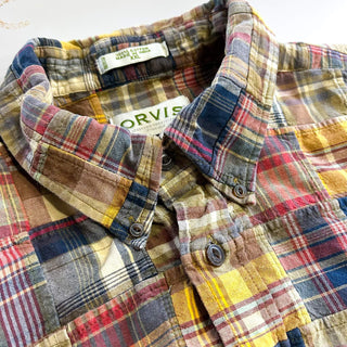 00's ORVIS インドマドラス チェック パッチワーク 猫目ボタン ボタンダウン S/Sシャツ