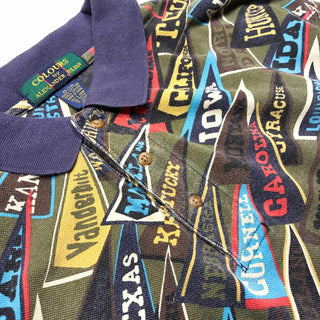 90's COLOURS BY ALEXANDER JULIAN カレッジフラッグ 総柄  L/Sポロシャツ