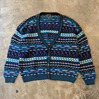 90's ETCHINGS 3D 総柄 ラミー×コットン ニット カーディガン