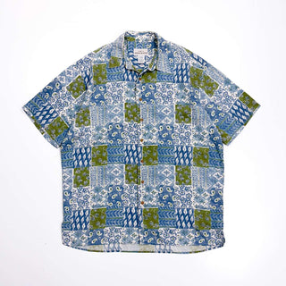 90's Eddie Bauer リネン ボタニカル×パッチワーク S/Sシャツ