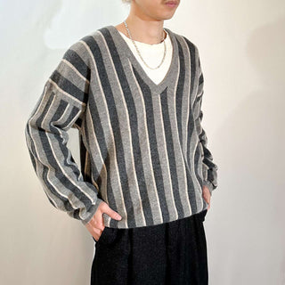 90's JOS.A.BANK ラムウール マルチストライプ Vネック ニット セーター