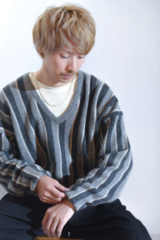 90's JOS.A.BANK ラムウール マルチストライプ Vネック ニット セーター