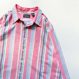 90's LANDS'END コットン×リネン ストライプ B.D. L/S シャツ