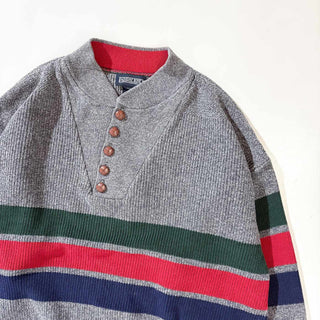90's "MADE IN USA" LANDS'END ヘンリーネック ボーダー ニット セーター