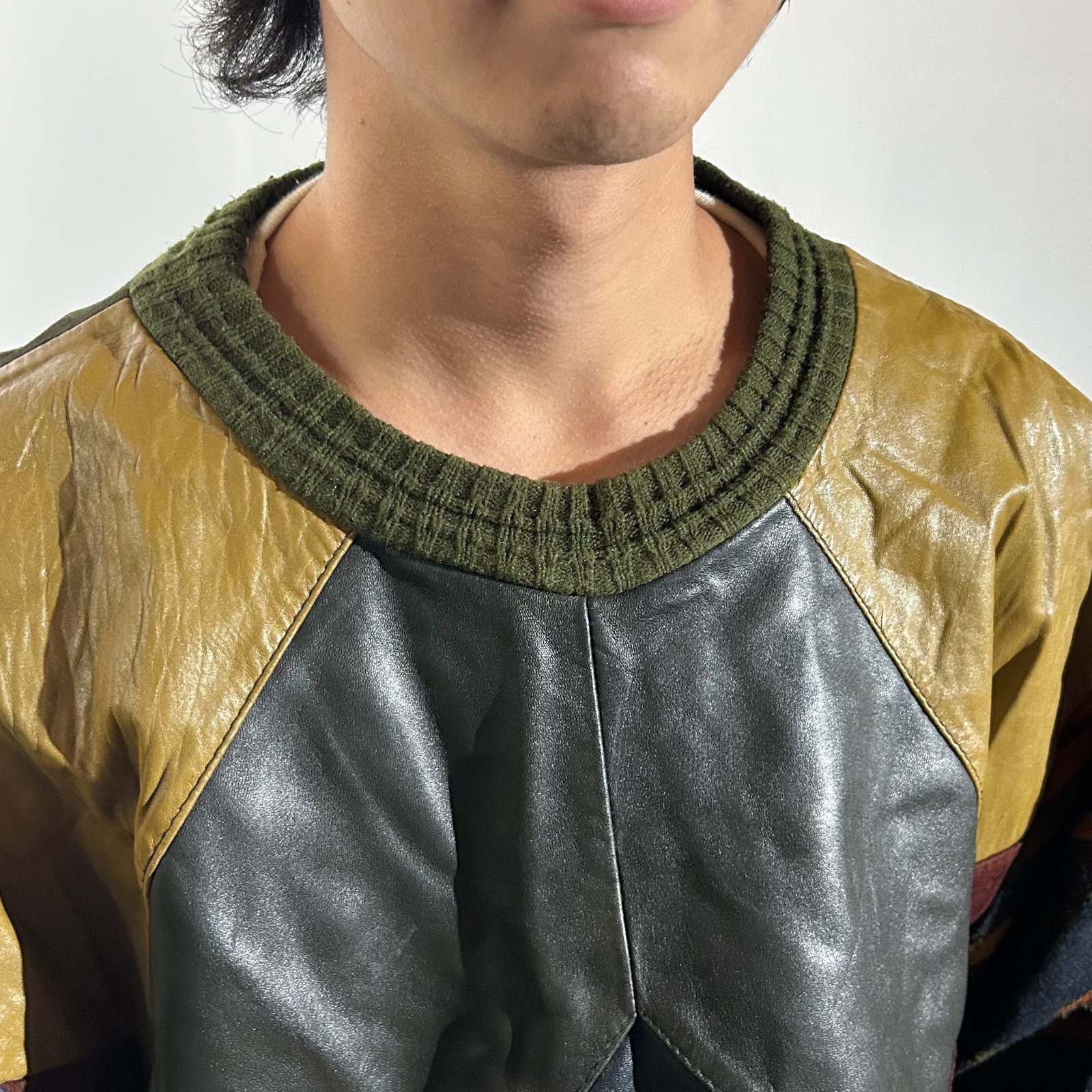 古着–90's SAXONY レザー切替 デザイン ニット セーター – 【古着通販