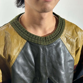 90's SAXONY レザー切替 デザイン ニット セーター