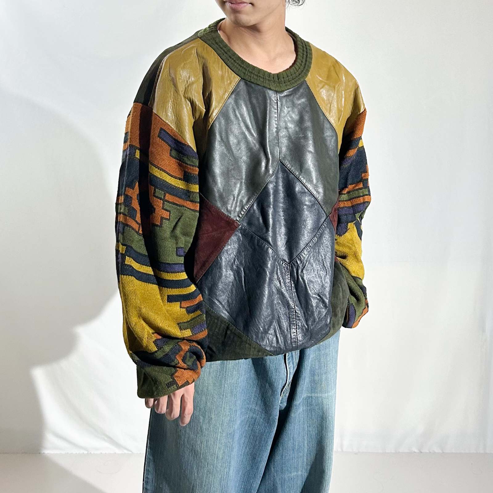 古着–90's SAXONY レザー切替 デザイン ニット セーター – 【古着通販