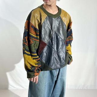 90's SAXONY レザー切替 デザイン ニット セーター