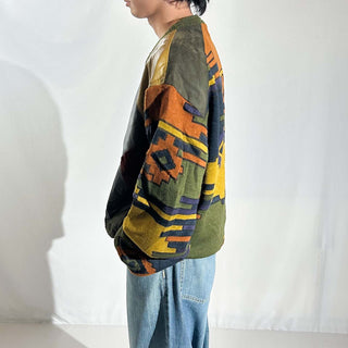 90's SAXONY レザー切替 デザイン ニット セーター