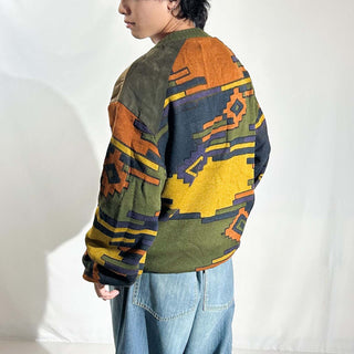 90's SAXONY レザー切替 デザイン ニット セーター