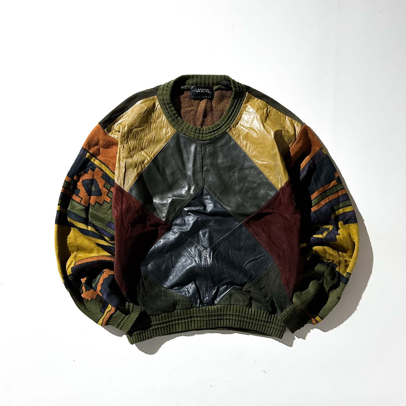古着–90's SAXONY レザー切替 デザイン ニット セーター – 【古着通販