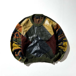 90's SAXONY レザー切替 デザイン ニット セーター