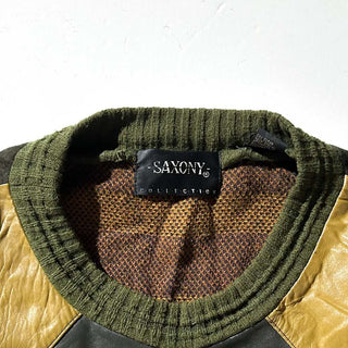 90's SAXONY レザー切替 デザイン ニット セーター