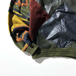 90's SAXONY レザー切替 デザイン ニット セーター