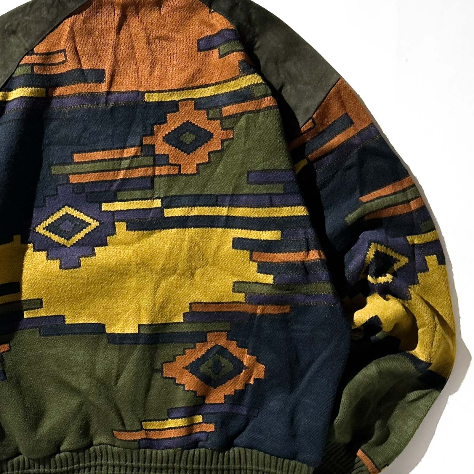 古着–90's SAXONY レザー切替 デザイン ニット セーター – 【古着通販