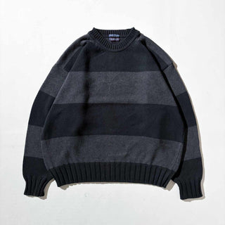 90's～ GANT コットン 太ボーダー ハンドニット セーター(ブラック×グレー)