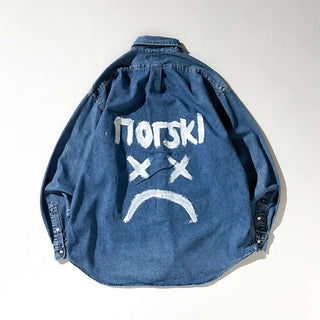 90's～ Ralph Lauren ペイント ボタンダウン デニム L/Sシャツ (インディゴブルー)