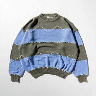 90's～ claiborne コットン 太ボーダー ハンドステッチ ニット セーター(サックス×カーキ)