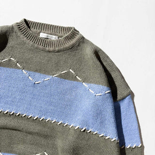 90's～ claiborne コットン 太ボーダー ハンドステッチ ニット セーター(サックス×カーキ)