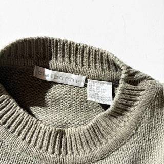 90's～ claiborne コットン 太ボーダー ハンドステッチ ニット セーター(サックス×カーキ)