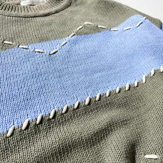 90's～ claiborne コットン 太ボーダー ハンドステッチ ニット セーター(サックス×カーキ)