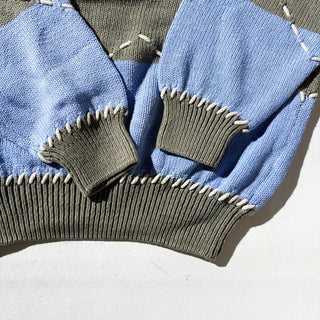 90's～ claiborne コットン 太ボーダー ハンドステッチ ニット セーター(サックス×カーキ)