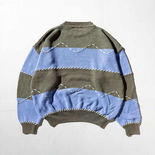 90's～ claiborne コットン 太ボーダー ハンドステッチ ニット セーター(サックス×カーキ)