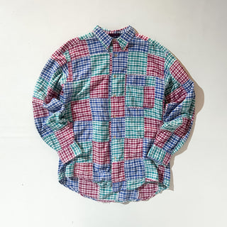 90's "made in USA" OLD SCHOOL パッチワーク ギンガムチェック ３点留め ボタンダウン L/Sシャツ