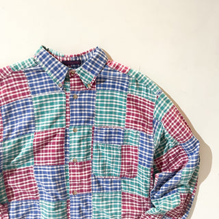 90's "made in USA" OLD SCHOOL パッチワーク ギンガムチェック ３点留め ボタンダウン L/Sシャツ