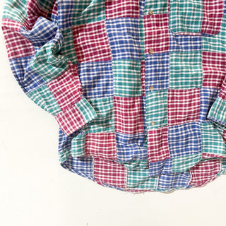 90's "made in USA" OLD SCHOOL パッチワーク ギンガムチェック ３点留め ボタンダウン L/Sシャツ