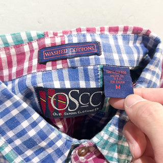 90's "made in USA" OLD SCHOOL パッチワーク ギンガムチェック ３点留め ボタンダウン L/Sシャツ
