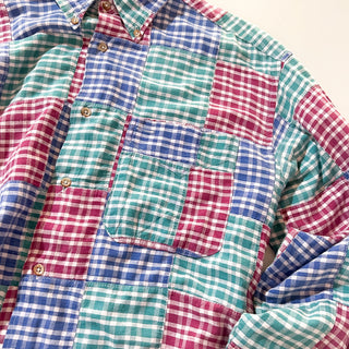 90's "made in USA" OLD SCHOOL パッチワーク ギンガムチェック ３点留め ボタンダウン L/Sシャツ