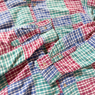 90's "made in USA" OLD SCHOOL パッチワーク ギンガムチェック ３点留め ボタンダウン L/Sシャツ