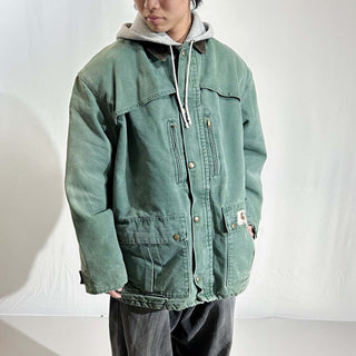 80's～ "made in USA" carhartt グリーン フェード 裏フランネル ダック ジャケット