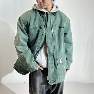 80's～ "made in USA" carhartt グリーン フェード 裏フランネル ダック ジャケット
