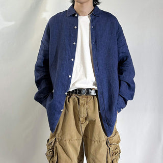 00's BANANA REPUBLIC ネイビー リネン L/Sシャツ